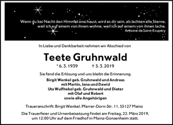 Traueranzeige von Teete Gruhnwald von vrm-trauer