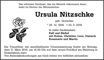 Traueranzeige von Ursula Nitzschke von vrm-trauer