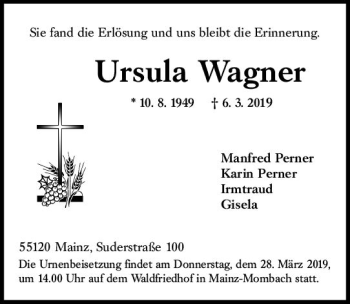 Traueranzeige von Ursula Wagner von vrm-trauer
