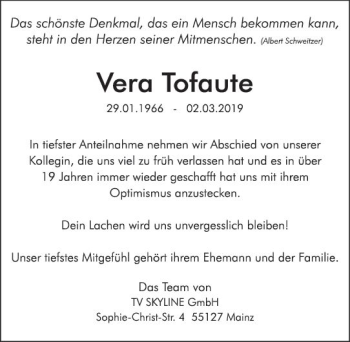 Traueranzeige von Vera Tofaute von vrm-trauer