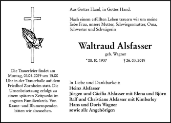 Traueranzeige von Waltraud Alsfasser von vrm-trauer