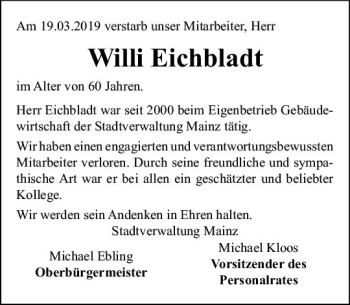 Traueranzeige von Willi Eichbladt von vrm-trauer