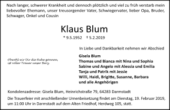 Traueranzeige von Klaus Blum von vrm-trauer