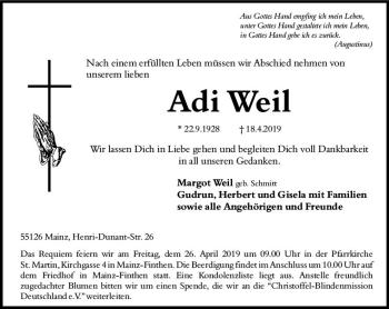 Traueranzeige von Adi Weil von vrm-trauer