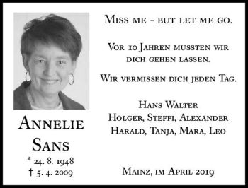 Traueranzeige von Annelie Sans von vrm-trauer
