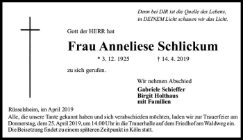 Traueranzeige von Anneliese Schlickum von vrm-trauer