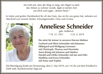 Traueranzeige von Anneliese Schneider von vrm-trauer