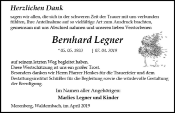 Traueranzeige von Bernhard Legner von  WBT - Weilburger Tageblatt ()