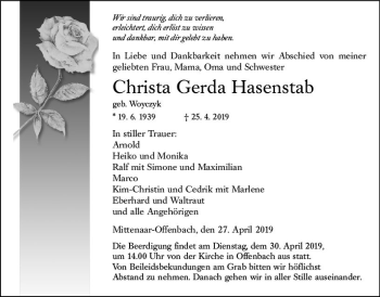 Traueranzeige von Christa Gerda Hasenstab von  Dill Block ()
