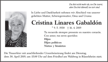 Traueranzeige von Cristina Linares Gabaldon von vrm-trauer