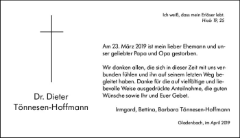 Traueranzeige von Dieter Tönnesen-Hoffmann von  HA - Hinterländer Anzeiger ()