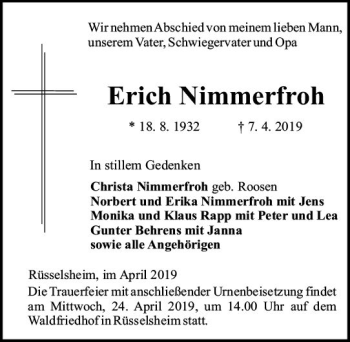 Traueranzeige von Erich Nimmerfroh von vrm-trauer