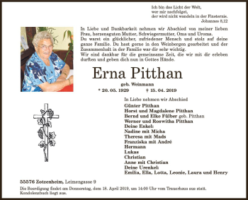 Traueranzeige von Erna Pitthan von vrm-trauer