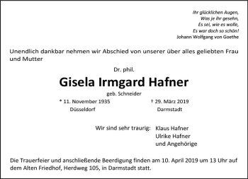 Traueranzeige von Gisela Irmgard Hafner von vrm-trauer
