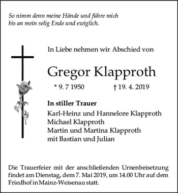 Traueranzeige von Gregor Klapproth von vrm-trauer