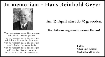 Traueranzeige von Hans Reinhold Geyer von vrm-trauer