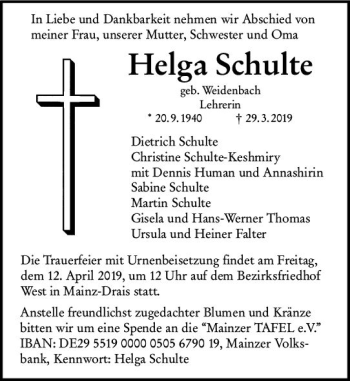 Traueranzeige von Helga Schulte von vrm-trauer
