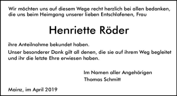 Traueranzeige von Henriette Röder von vrm-trauer
