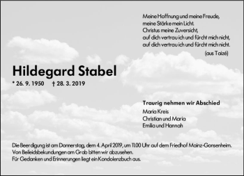 Traueranzeige von Hildegard Stabel von vrm-trauer