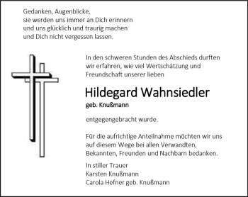 Traueranzeige von Hildegard Wahnsiedler von vrm-trauer