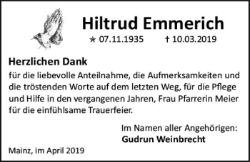 Traueranzeige von Hiltrud Emmerich von vrm-trauer