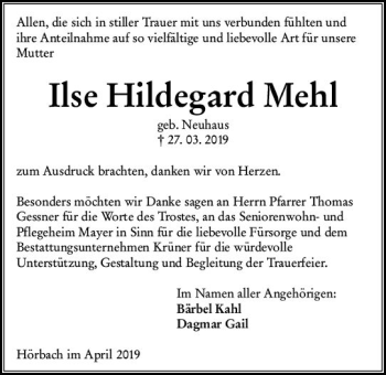 Traueranzeige von Ilse Hildegard Mehl von  Dill Block ()