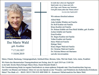 Traueranzeige von Ilse Marie Wald von vrm-trauer