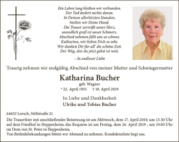 Traueranzeige von Katharina Bucher von vrm-trauer