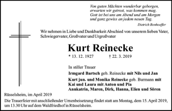 Traueranzeige von Kurt Reinecke von vrm-trauer