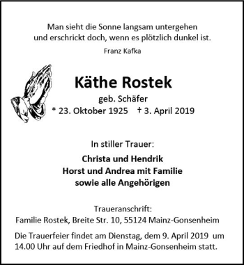 Traueranzeige von Käthe Rostek von vrm-trauer