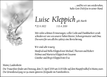Traueranzeige von Luise Kleppich von vrm-trauer