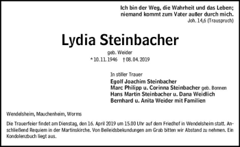 Traueranzeige von Lydia Steinbacher von vrm-trauer