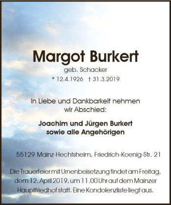 Traueranzeige von Margot Burkert von vrm-trauer