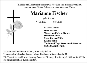Traueranzeige von Marianne Fischer von vrm-trauer