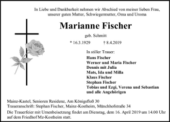 Traueranzeige von Marianne Fischer von vrm-trauer