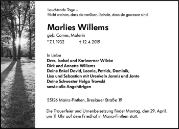 Traueranzeige von Marlies Willems von vrm-trauer