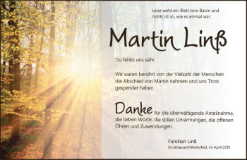 Traueranzeige von Martin Linß von  WBT - Weilburger Tageblatt ()