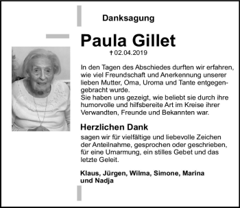 Traueranzeige von Paula Gillet von vrm-trauer