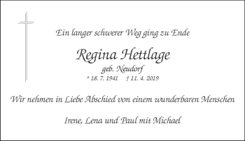 Traueranzeige von Regina Hettlage von vrm-trauer