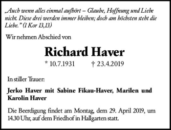 Traueranzeige von Richard Haver von vrm-trauer