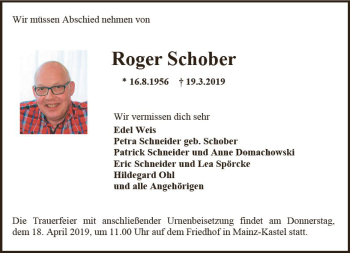 Traueranzeige von Roger Schober von vrm-trauer