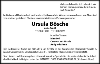 Traueranzeige von Ursula Bösche von vrm-trauer