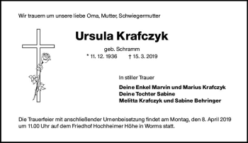 Traueranzeige von Ursula Krafczyk von vrm-trauer