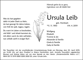 Traueranzeige von Ursula Leib von vrm-trauer