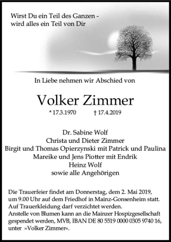 Traueranzeige von Volker Zimmer von vrm-trauer