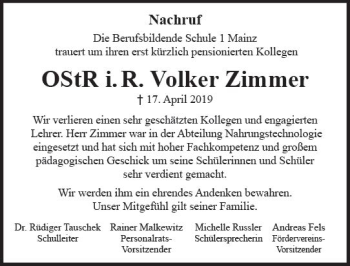 Traueranzeige von Volker Zimmer von vrm-trauer