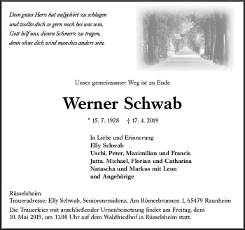Traueranzeige von Werner Schwab von vrm-trauer
