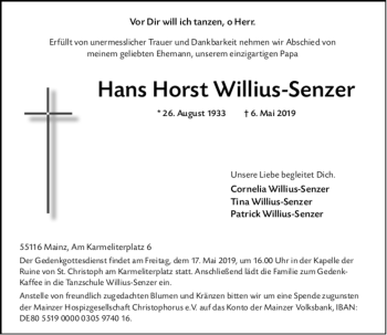 Traueranzeige von Hans Horst Willius-Senzer von VRM-TRAUER