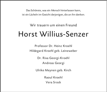 Traueranzeige von Hans Horst Willius-Senzer von VRM-TRAUER