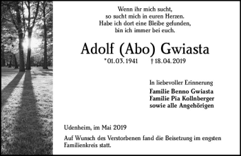 Traueranzeige von Adolf  Gwiasta von vrm-trauer